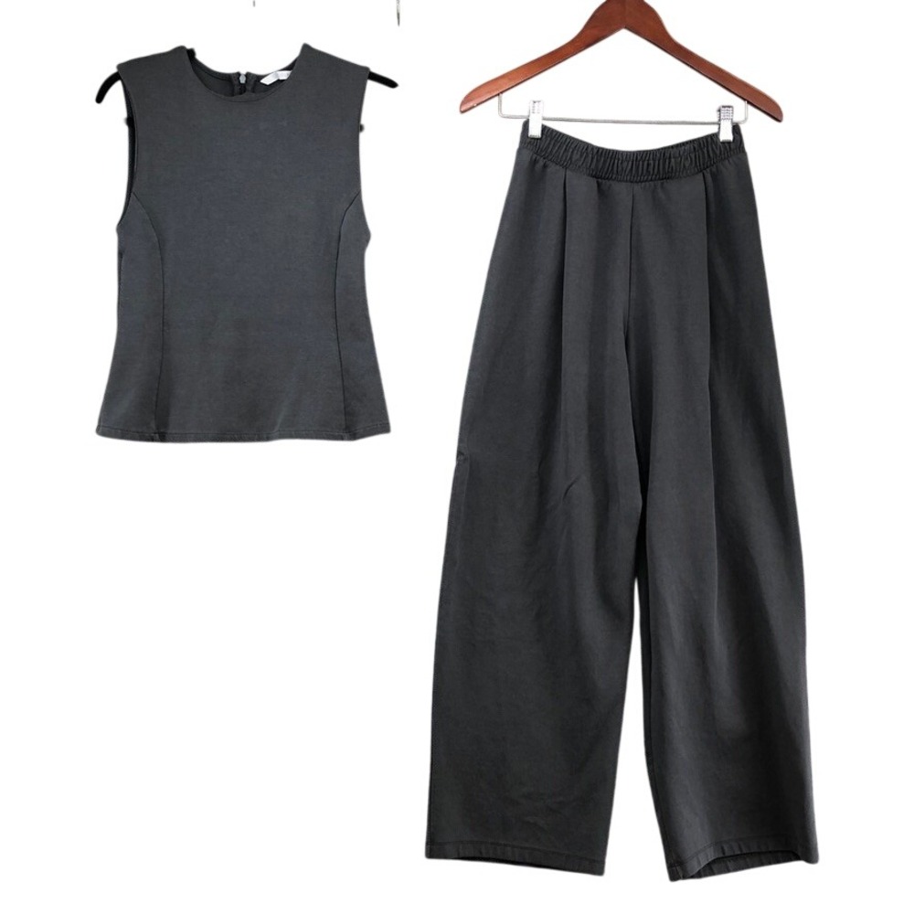 Zara Two Piece Set Womens L/S Dark Gray Sleeveless Top Wide Leg Pants Mixed Size